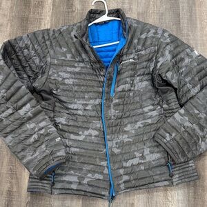 Eddie Bauer Men's Camo Puffer Jacket with Blue Trim